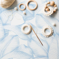 light blue coastal style wallpaper with large botanical leaves
