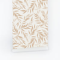 farmhouse style inspired kids bedroom wallpaper with neutral leaves design