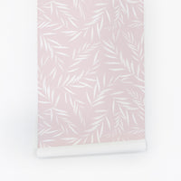 light pink botanical print wallpaper for modern bohemian girls bedroom interior