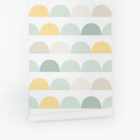 pastel green and yellow half circles pattern wallpaper in peel and stick