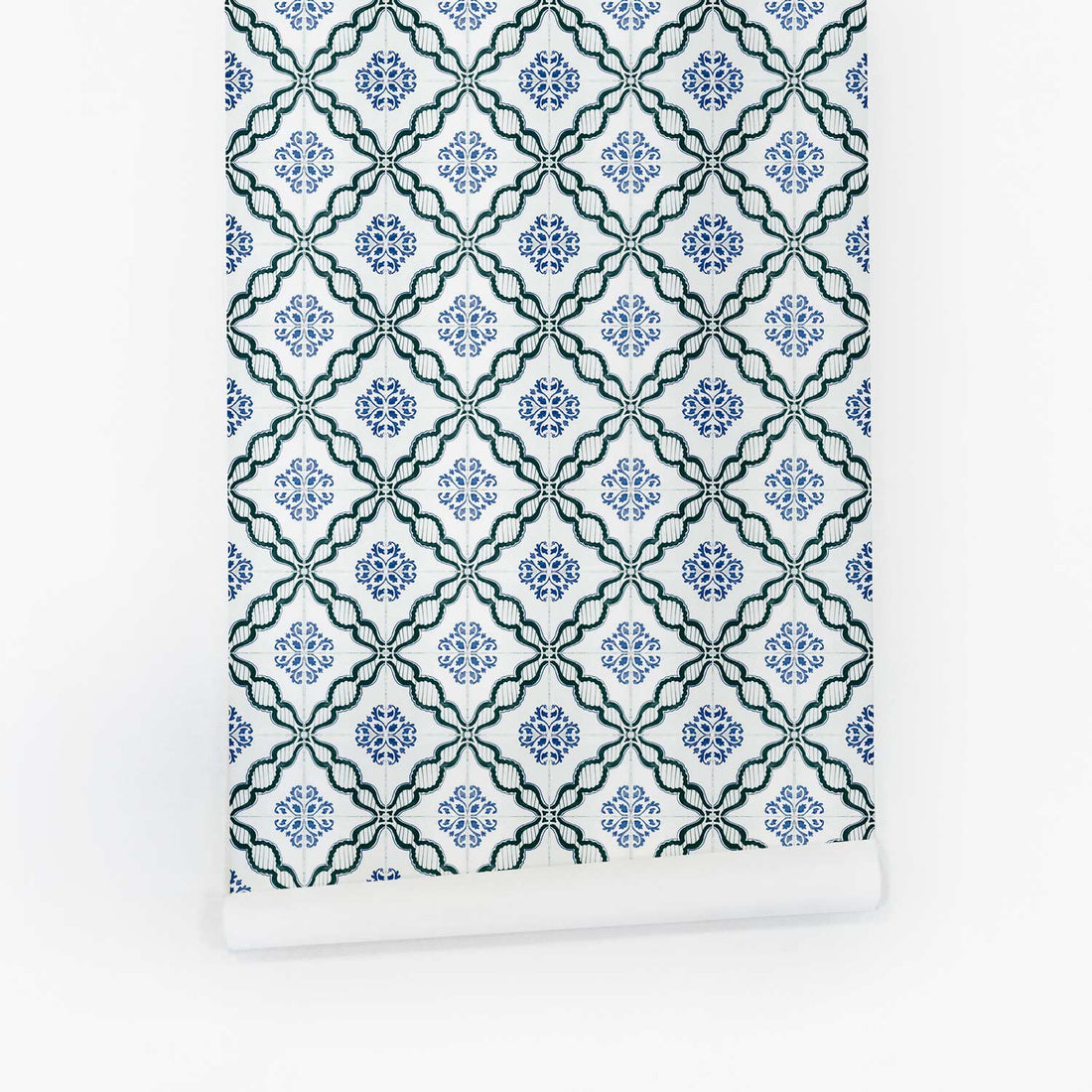 modern blue and green lisbon tiles inspired wallpaper
