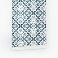 modern blue and green lisbon tiles inspired wallpaper