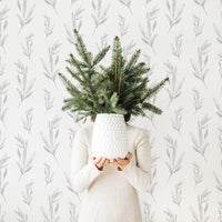 white farmhouse living room christmas decor interior with botanical removable wallpaper