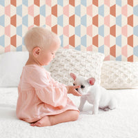 light retro style nursery with geometric shapes print wallpaper