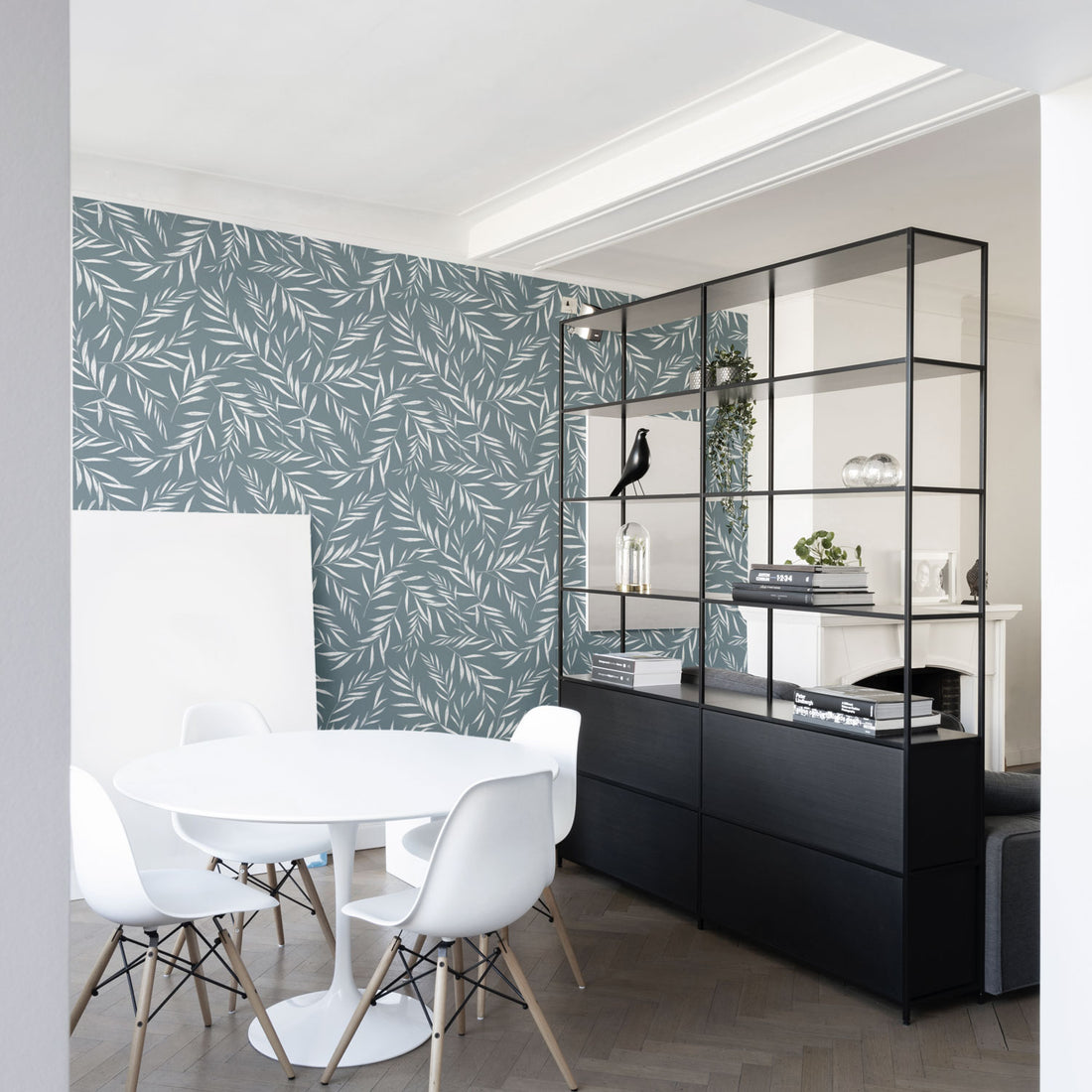 botanical fern leaf wallpaper in dining room