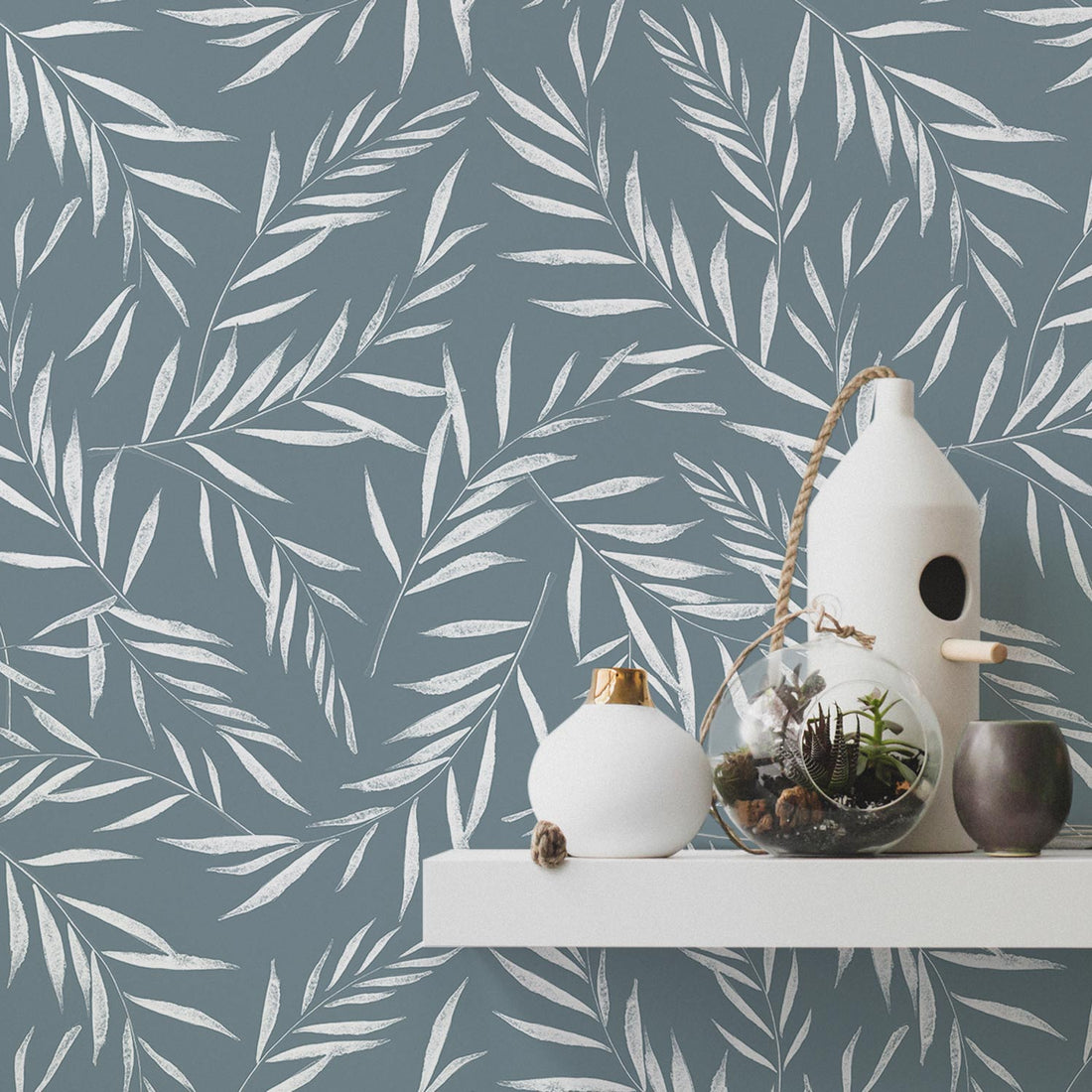 dark blue fern leaves removable wallpaper pattern