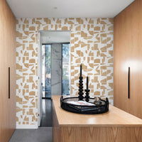 abstract wood inspired wallpaper in closet