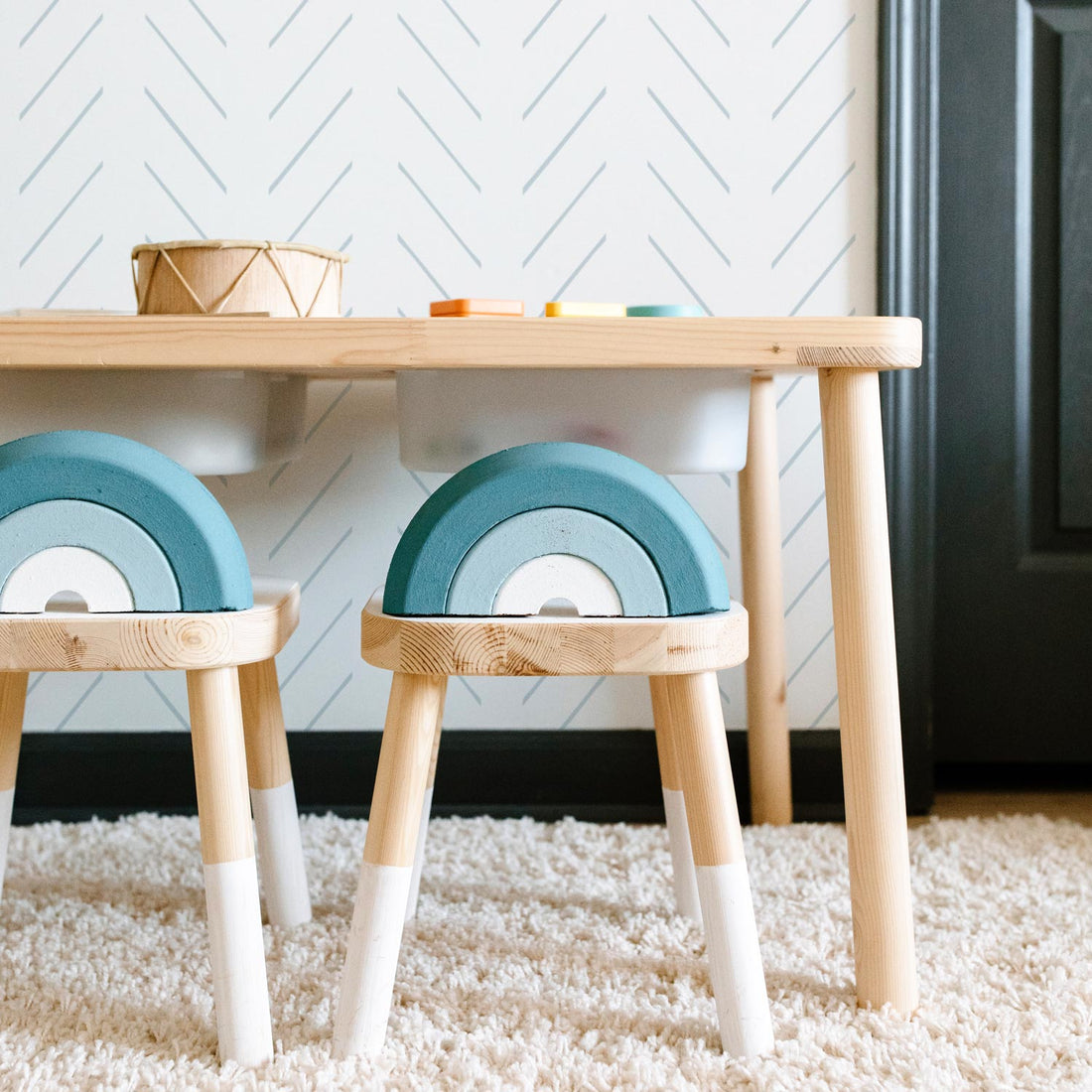 blue simple chevron stripe pattern wallpaper in kids playroom