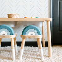 blue simple chevron stripe pattern wallpaper in kids playroom