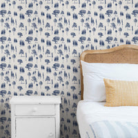 blue forest design removable wallpaper for kids bedroom with rattan bed