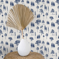 vintage style blue trees pattern wallpaper for kids room