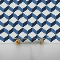 cube pattern wallpaper in navy blue for teen boys bedroom with skateboard
