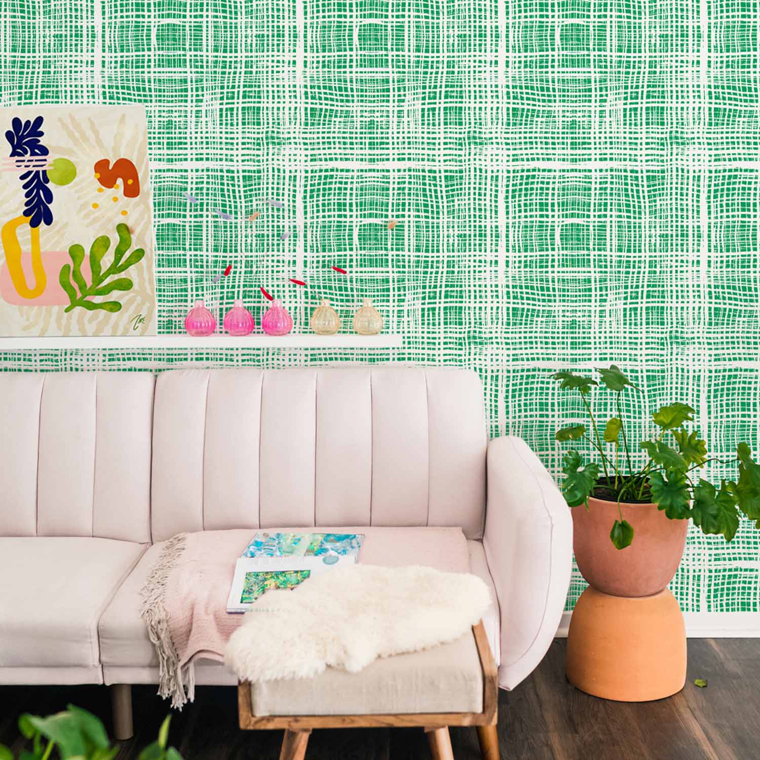 Kelly Green Plaid Fabric, Wallpaper and Home Decor