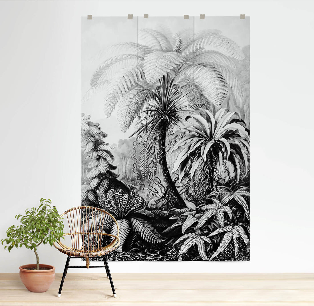 Minimal boho jungle wall mural in bright living room interior