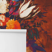 close up of eclectic and bright flower wallpaper