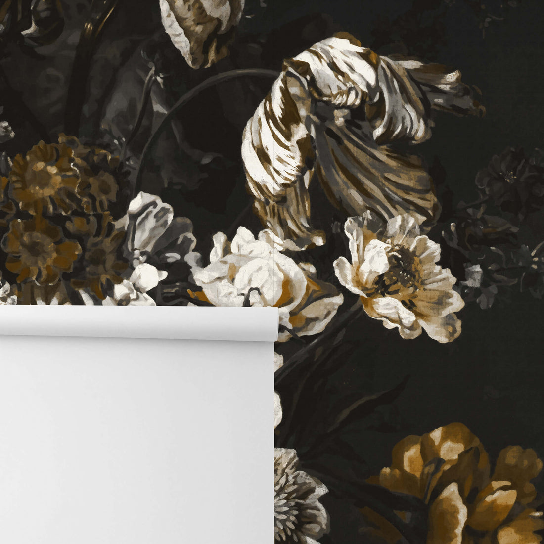 Removable wall mural with black, white and gold flower design
