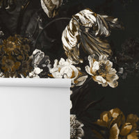 Removable wall mural with black, white and gold flower design