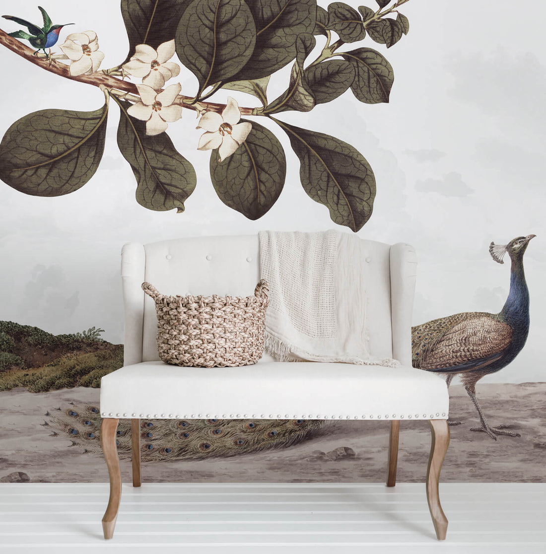 Vintage woodland wall mural in neutral nursery interior