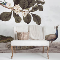 Vintage woodland wall mural in neutral nursery interior
