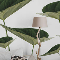 Large vintage botanical wall mural in neutral living room interior