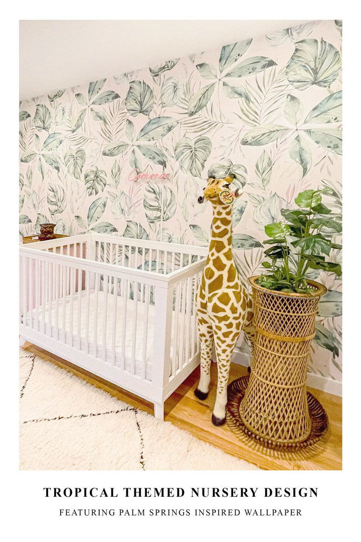 Tropical Themed Nursery Design Featuring Palm Springs Inspired Wallpaper