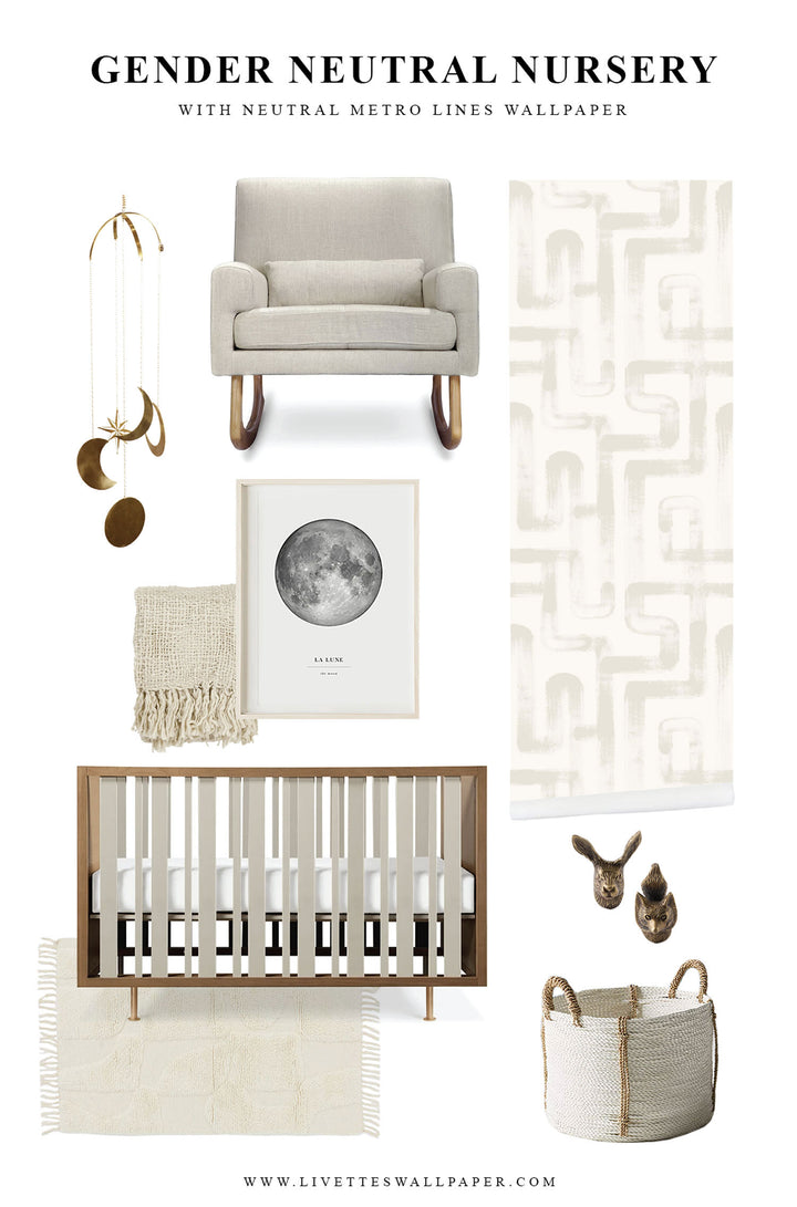Sophisticated gender neutral nursery interior with beige, grey and walnut color palette