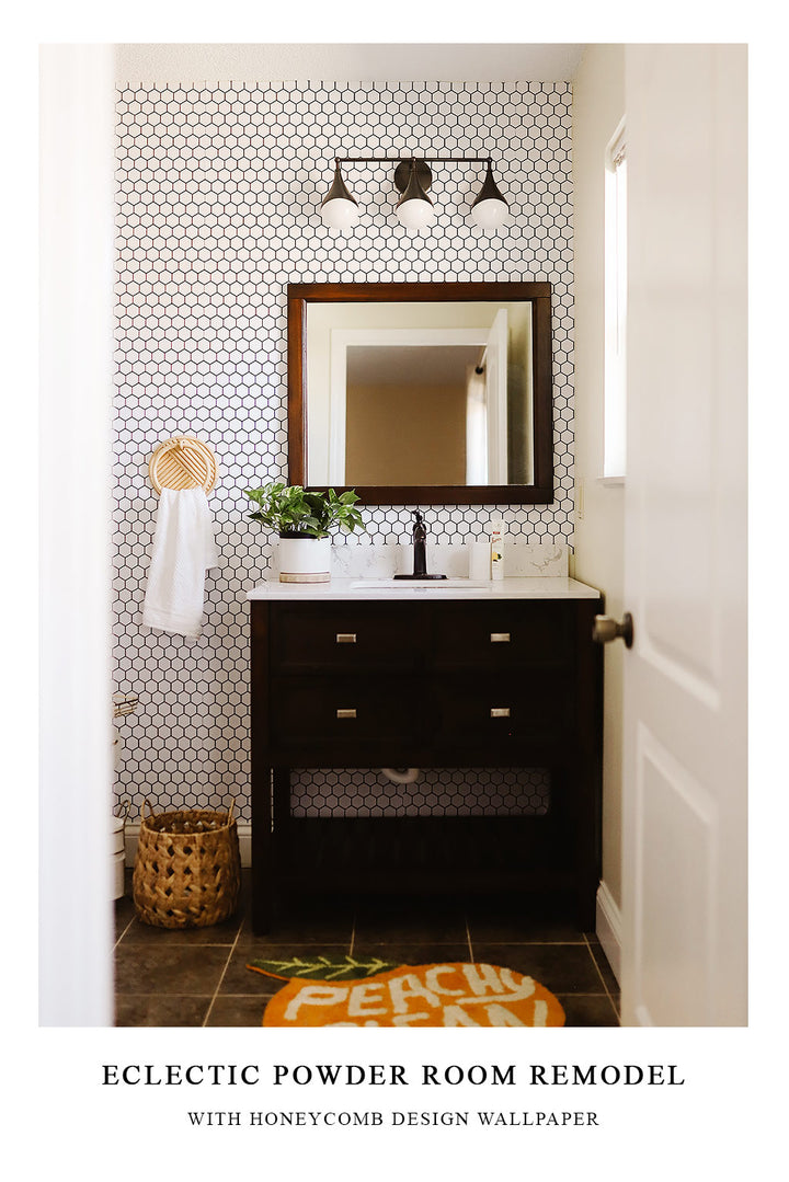 Peachy Bathroom Remodel Featuring Honeycomb Wallpaper