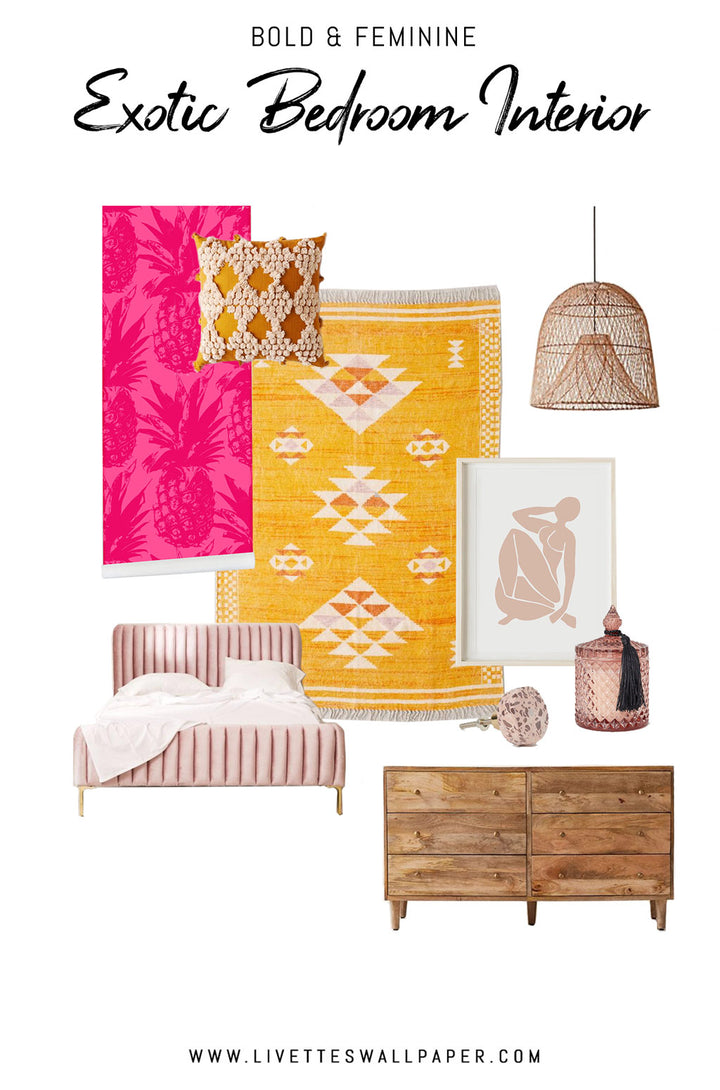 Bold and feminine bedroom interior with bright pink tropical removable wallpaper, sunny yellow area rug, blush pink bed, feminine line art posters and natural wood dresser and pendant lamp