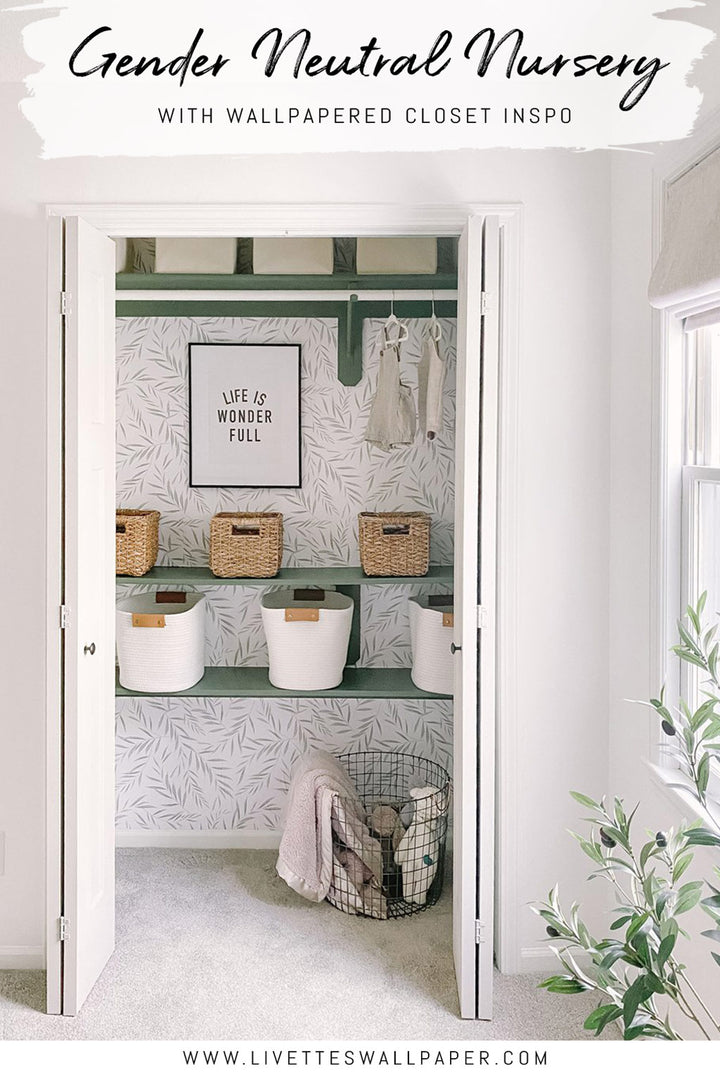 Gender neutral nursery inspiration with removable wallpaper in closet