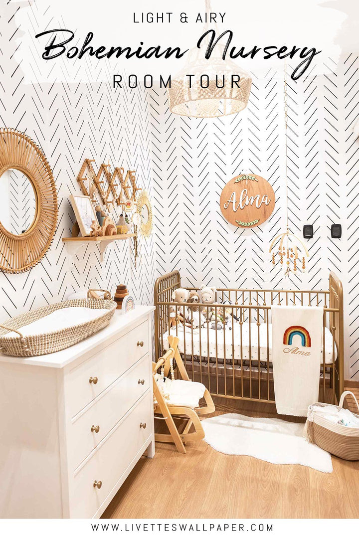White and modern gender neutral nursery interior inspo with modern herringbone wallpaper by livettes