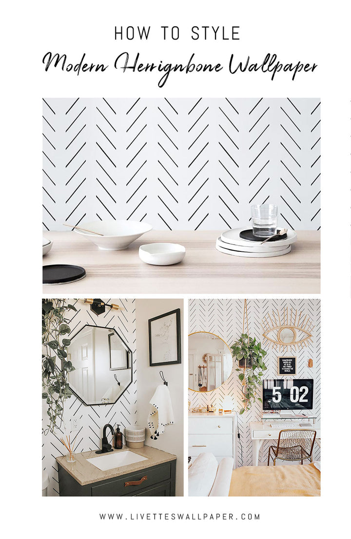 Modern home interior decorating ideas with herringbone design removable wallpaper in every room of the house, bathroom, home office, kitchen, kids room and nursery