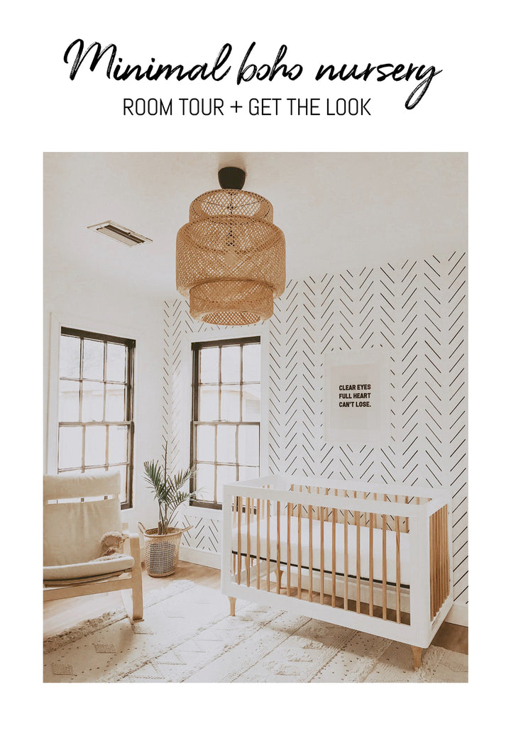 Minimal boho nursery interior inspiration with product details to get the look