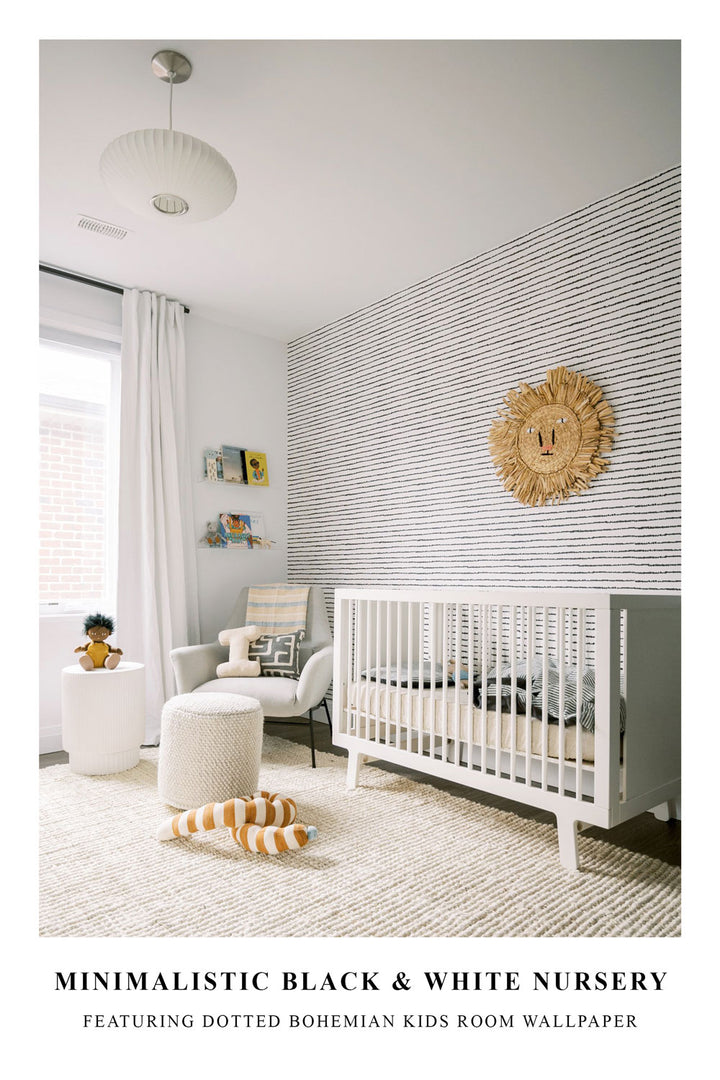 Minimalistic Black & White Nursery Featuring Dotted Bohemian Kids Room Wallpaper