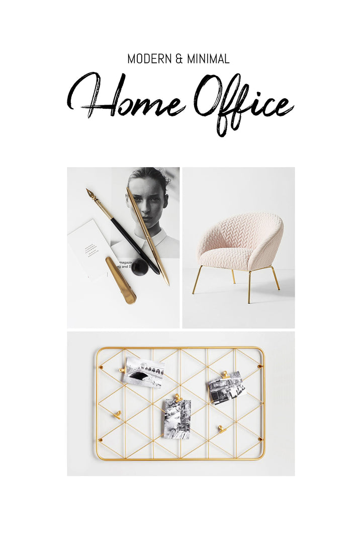 Blush pink, white, and gold home office space