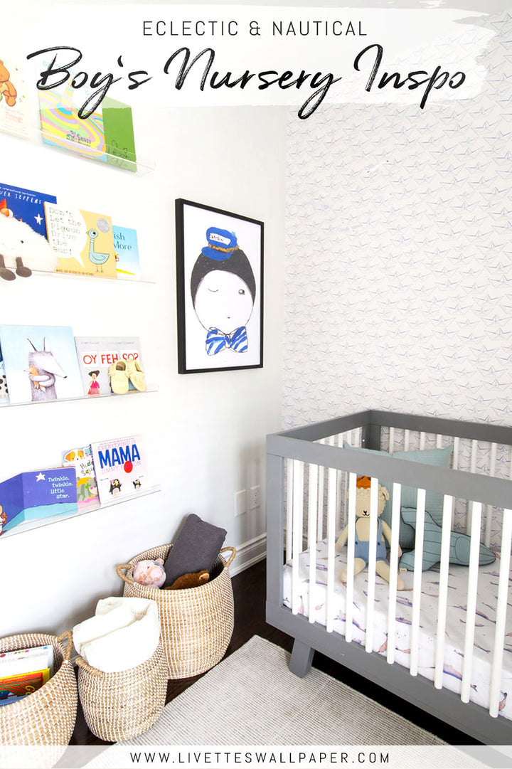 Bright and eclectic baby boys nursery interior with colorful nautical theme