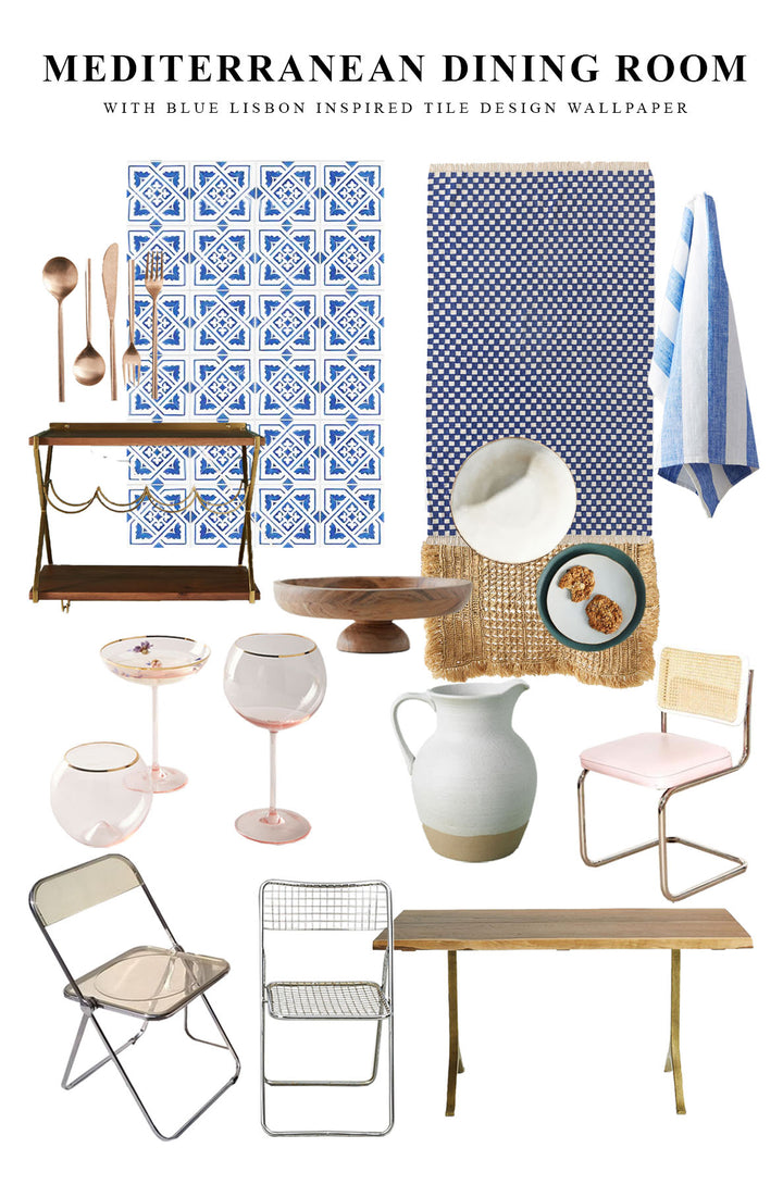 Modern mediterranean style dining room interior mood board with removable wallpaper accent wall