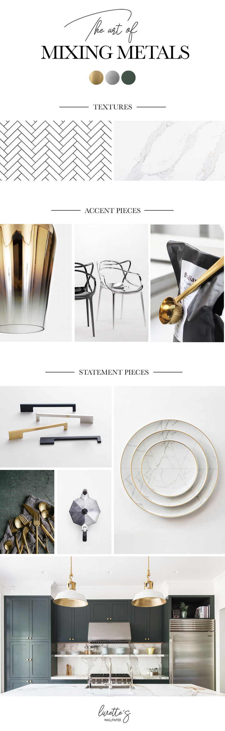 Mixed metals inspiration mood board for home interior