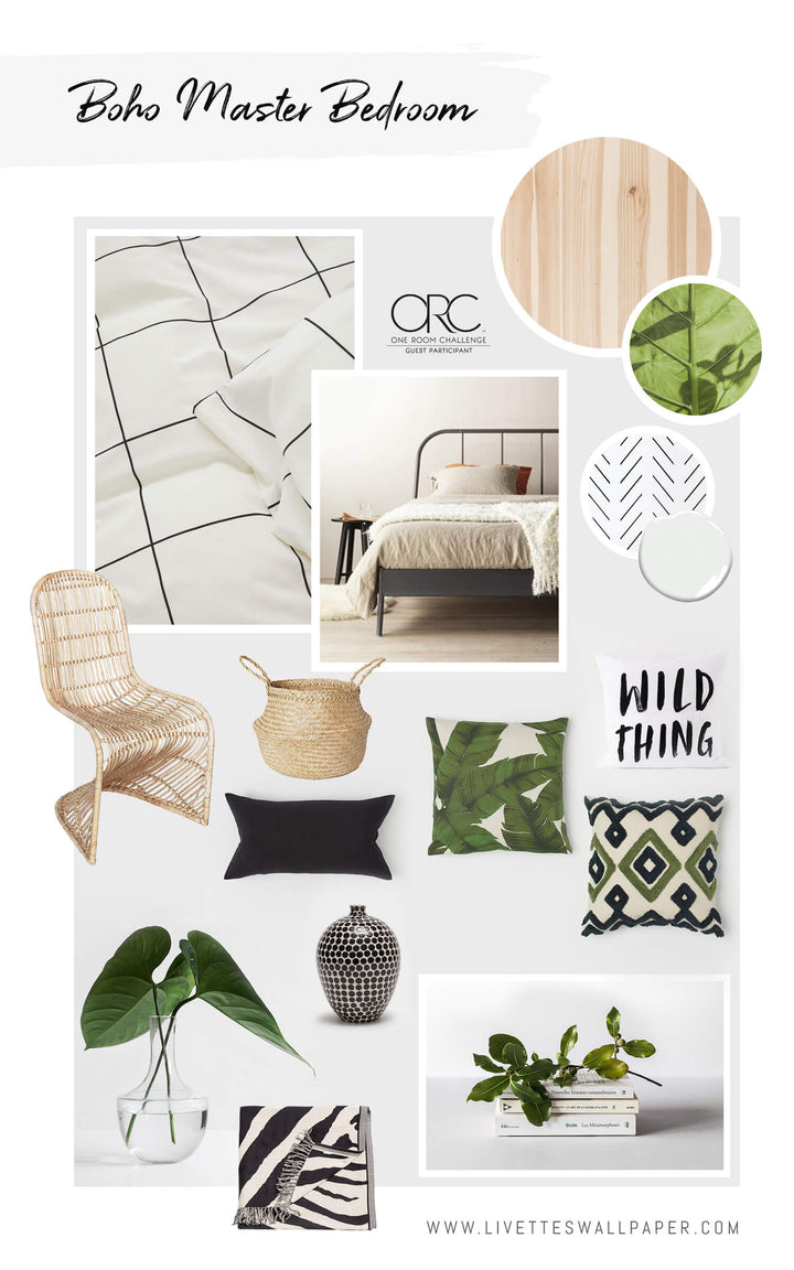 One room challenge 2019 spring. Guest participant bedroom remodel. Modern sophisticated master bedroom interior with greenery and mixed patterns.