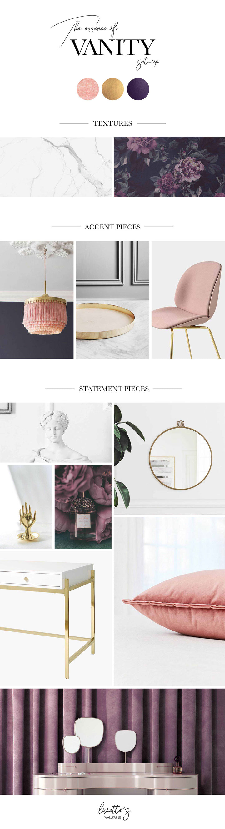 Interior mood board with dark floral and marble patterns, pink lamp, chair and velvet pillow