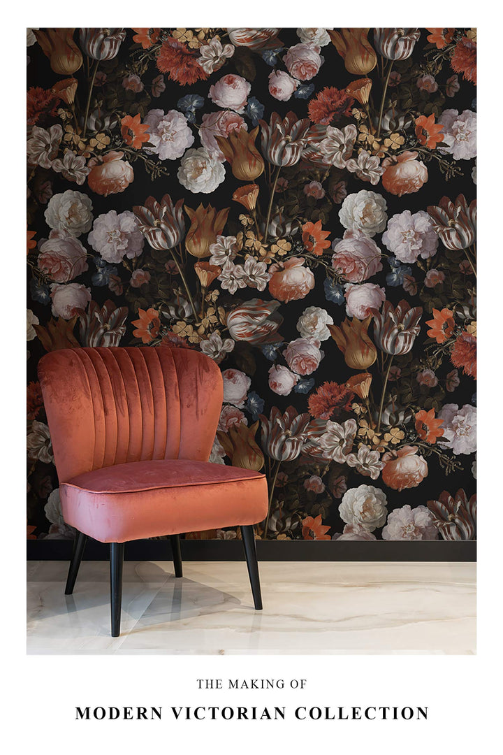 victorian style dark and bold floral wallpaper with coral color chair