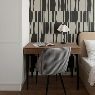 Black Abstract Geometric Tiles Print Grasscloth Wallpaper