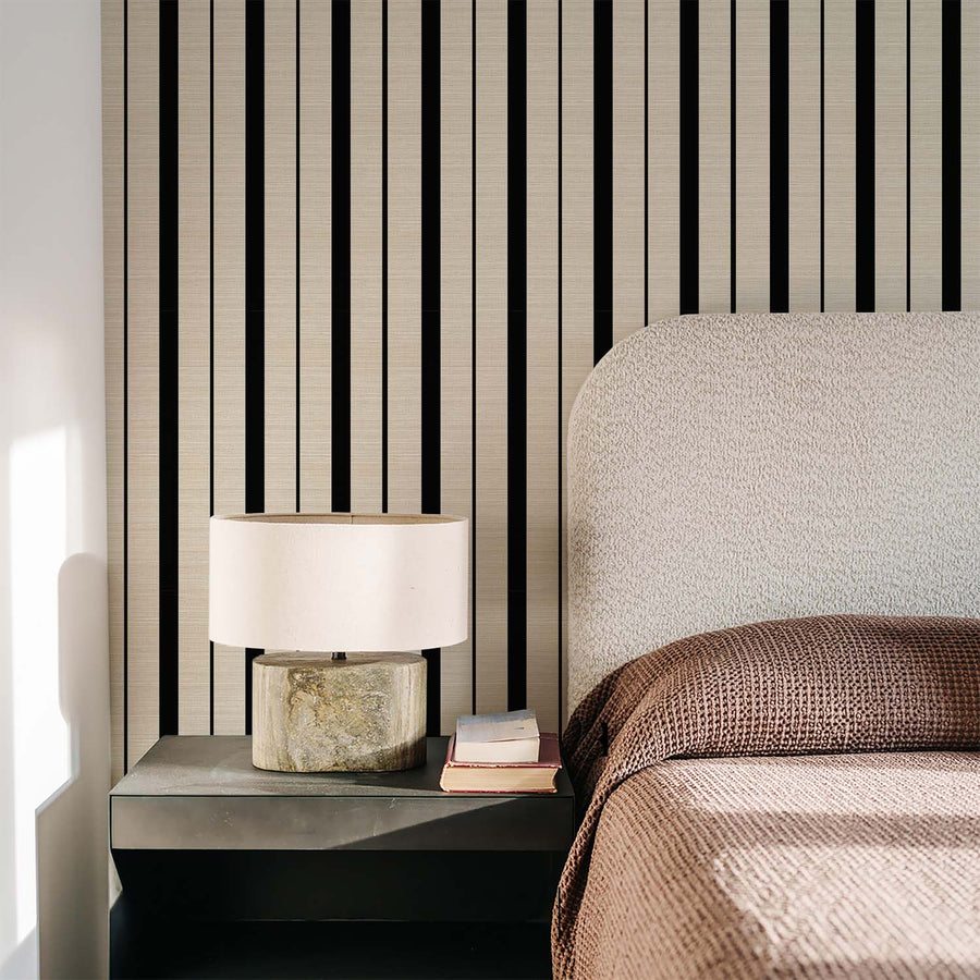Black Retro Lines Grasscloth Wallpaper