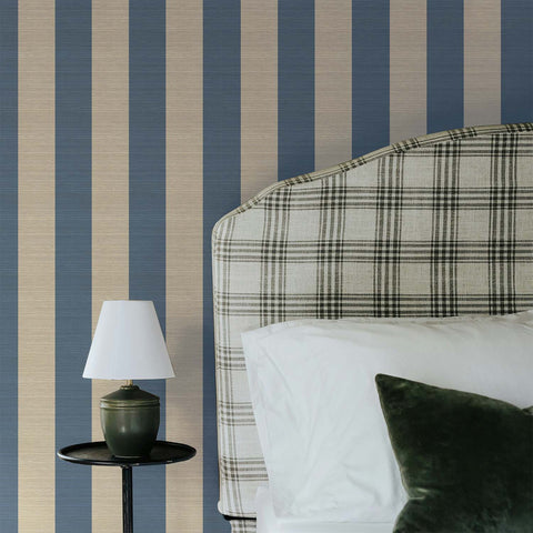 Blue Oversized Stripes Grasscloth Wallpaper