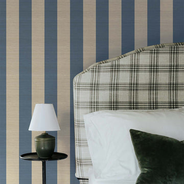 Blue Classic Stripes Grasscloth Wallpaper