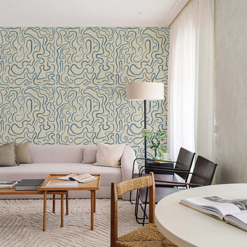 Blue Funky Lines Grasscloth Wallpaper