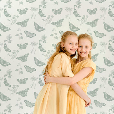 Butterfly meadow in sage design wallpaper