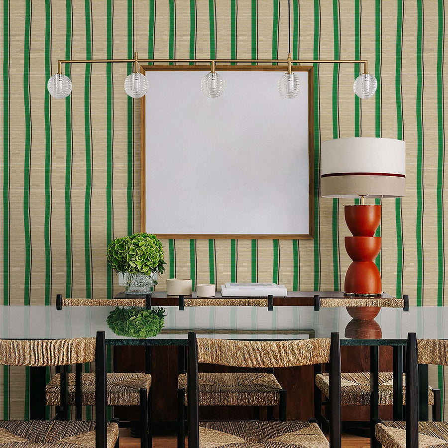 Green Stripes Grasscloth Wallpaper