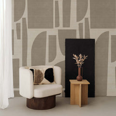 Large abstract taupe geometric grasscloth wallpaper with arch shapes