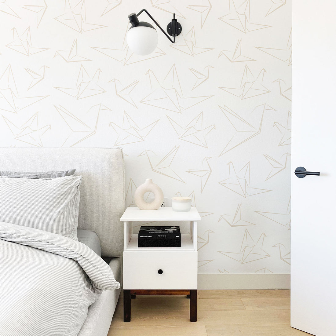 Modern origami crane bird design wallpaper in neutral color in modern white kids room
