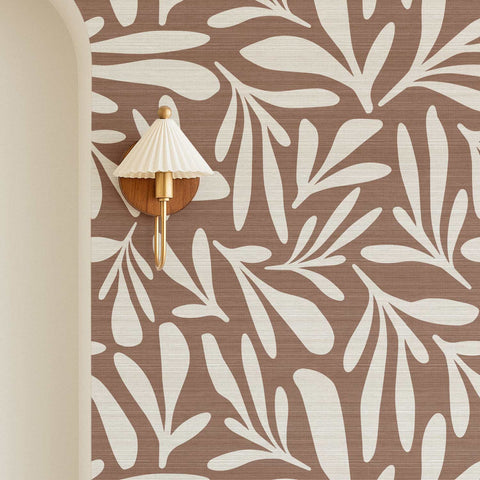 Mocha Color Floral Design Grasscloth Wallpaper